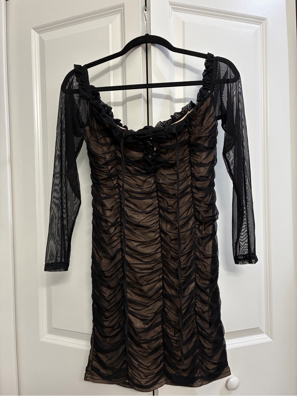 Fashion Nova Black Ruched Mesh Long Sleeve Dress